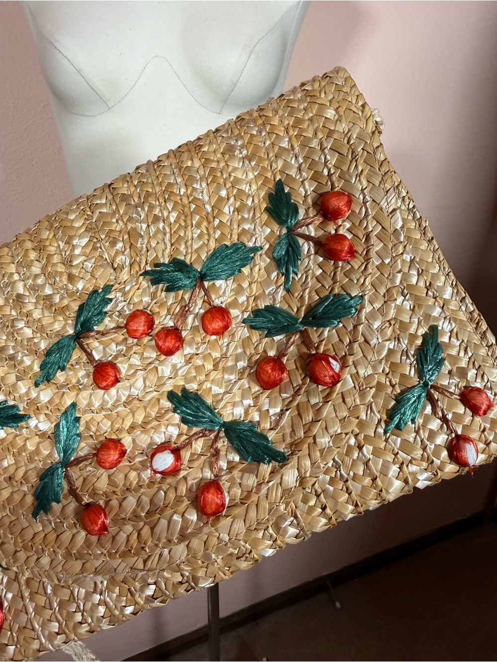 Surell Straw Cherry Summer Beach Clutch cross body bag
